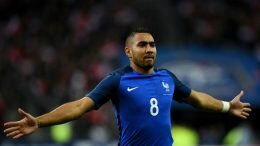 France's forward Dimitri Payet celebrates scoring.
